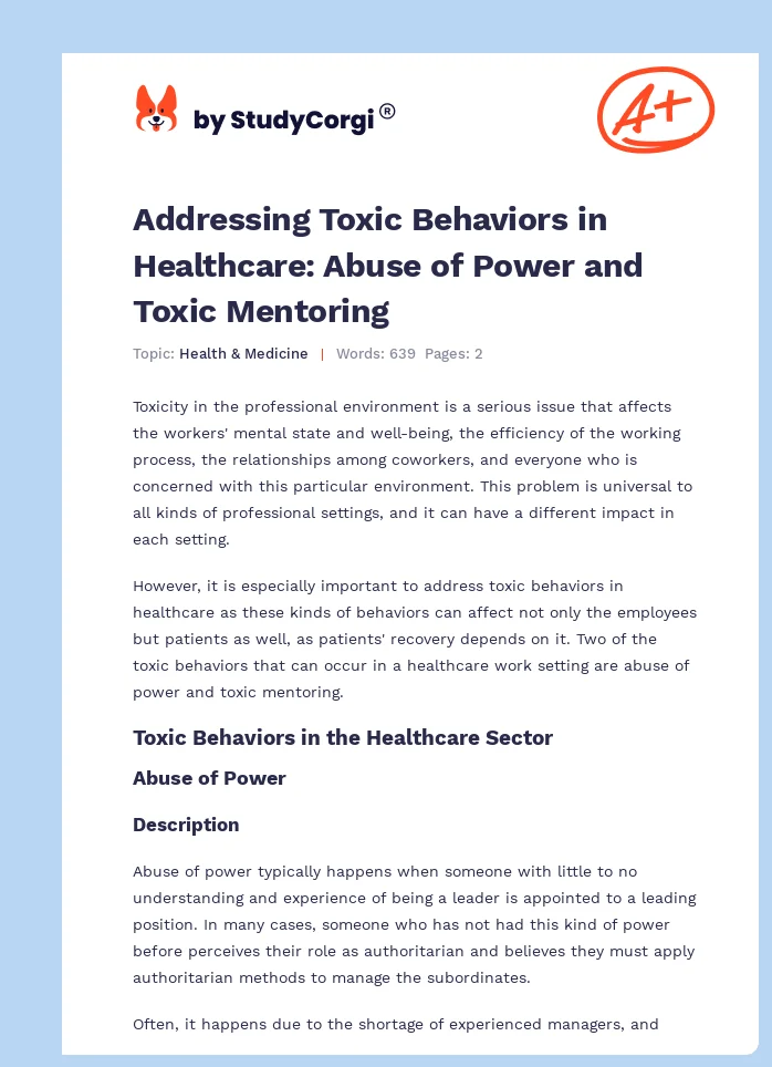 Addressing Toxic Behaviors in Healthcare: Abuse of Power and Toxic Mentoring. Page 1