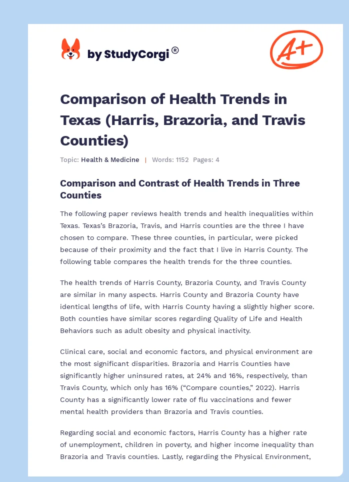 Comparison of Health Trends in Texas (Harris, Brazoria, and Travis Counties). Page 1