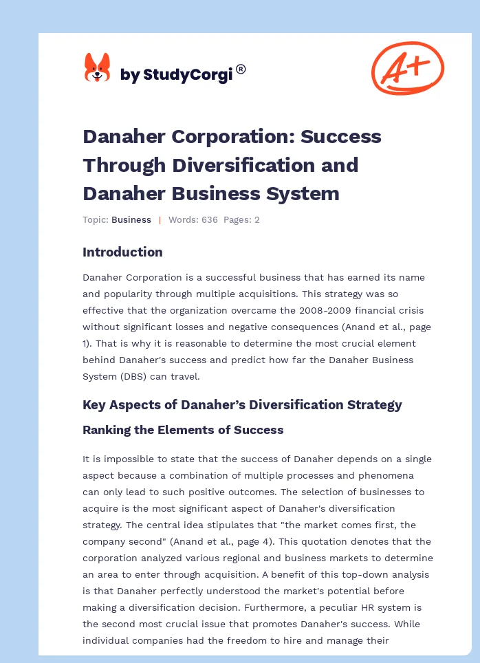 Danaher Corporation: Success Through Diversification and Danaher Business System. Page 1