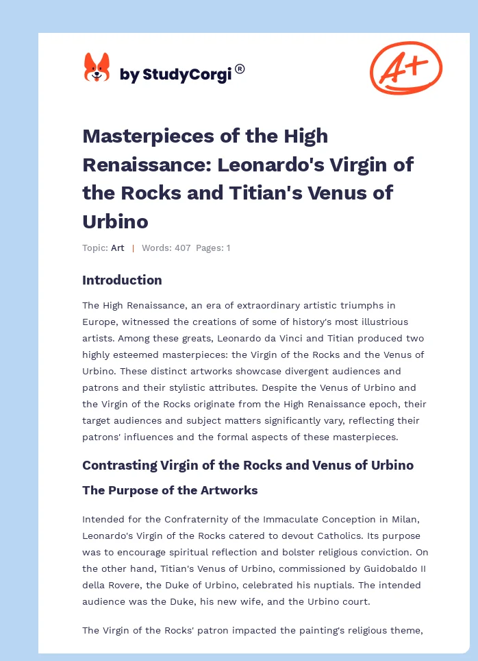 Masterpieces of the High Renaissance: Leonardo's Virgin of the Rocks and Titian's Venus of Urbino. Page 1