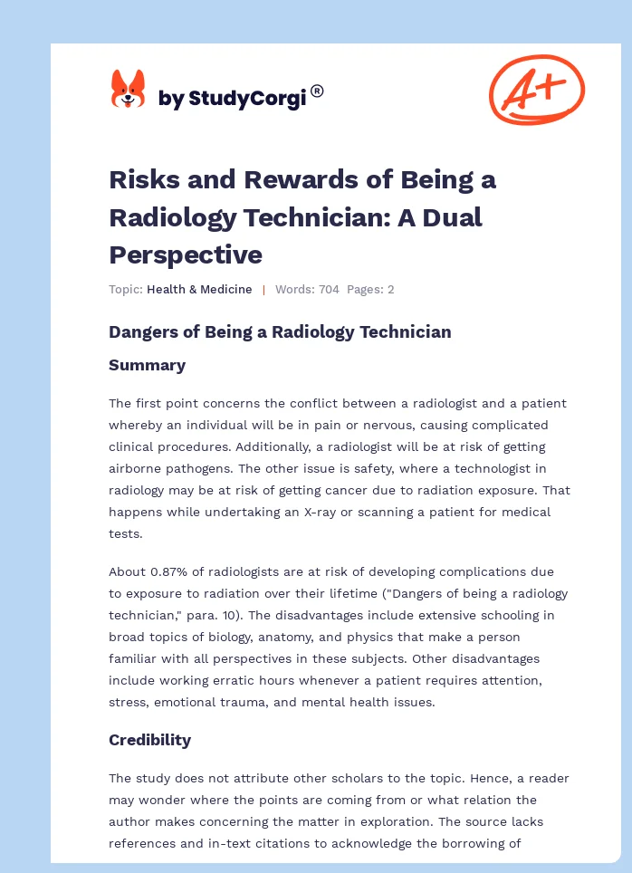 Risks and Rewards of Being a Radiology Technician: A Dual Perspective. Page 1