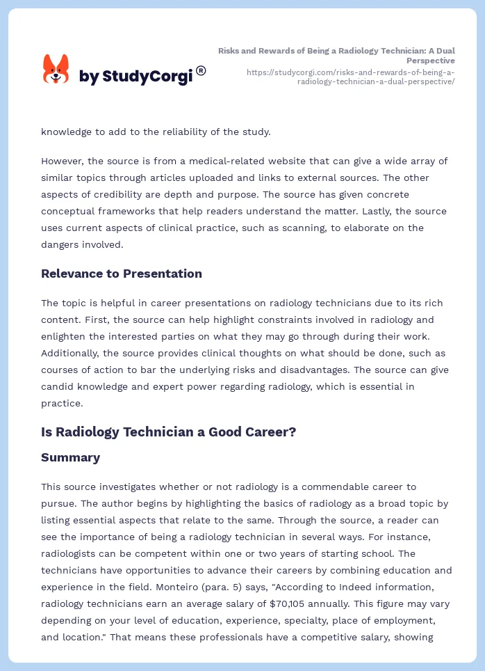 Risks and Rewards of Being a Radiology Technician: A Dual Perspective. Page 2