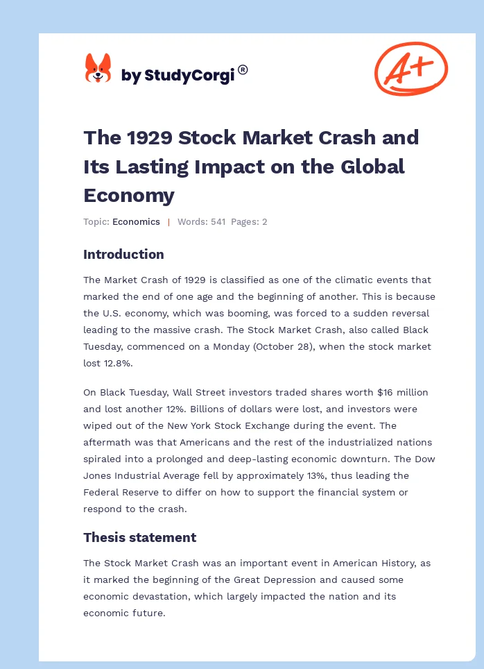 The 1929 Stock Market Crash and Its Lasting Impact on the Global Economy. Page 1