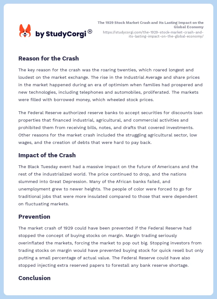 The 1929 Stock Market Crash and Its Lasting Impact on the Global Economy. Page 2