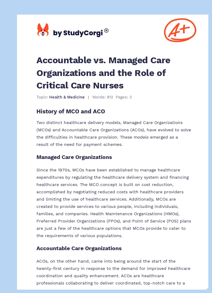 Accountable vs. Managed Care Organizations and the Role of Critical Care Nurses. Page 1