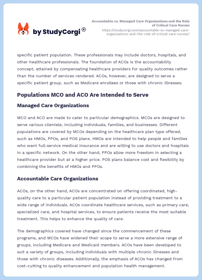 Accountable vs. Managed Care Organizations and the Role of Critical Care Nurses. Page 2