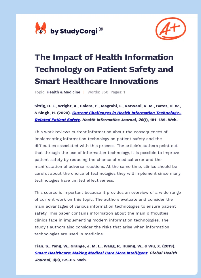 The Impact of Health Information Technology on Patient Safety and Smart Healthcare Innovations. Page 1