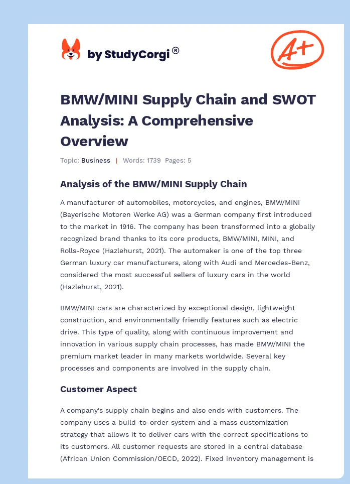 BMW/MINI Supply Chain and SWOT Analysis: A Comprehensive Overview. Page 1