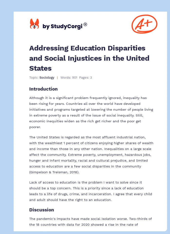 Addressing Education Disparities and Social Injustices in the United States. Page 1