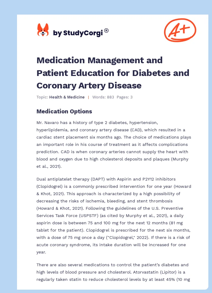 Medication Management and Patient Education for Diabetes and Coronary Artery Disease. Page 1