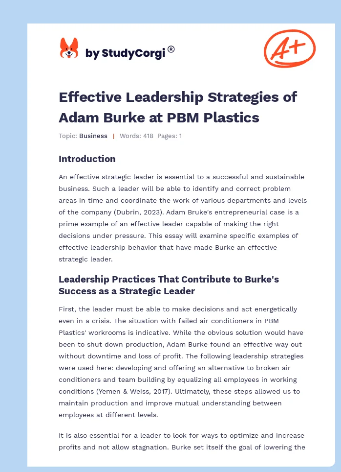 Effective Leadership Strategies of Adam Burke at PBM Plastics. Page 1