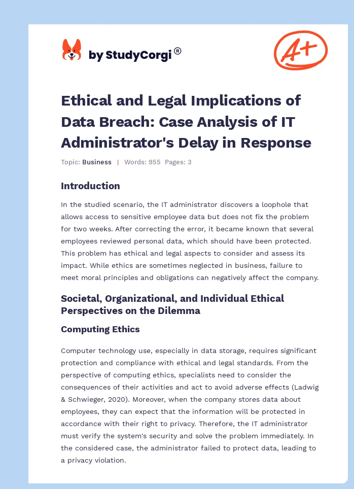 Ethical and Legal Implications of Data Breach: Case Analysis of IT Administrator's Delay in Response. Page 1