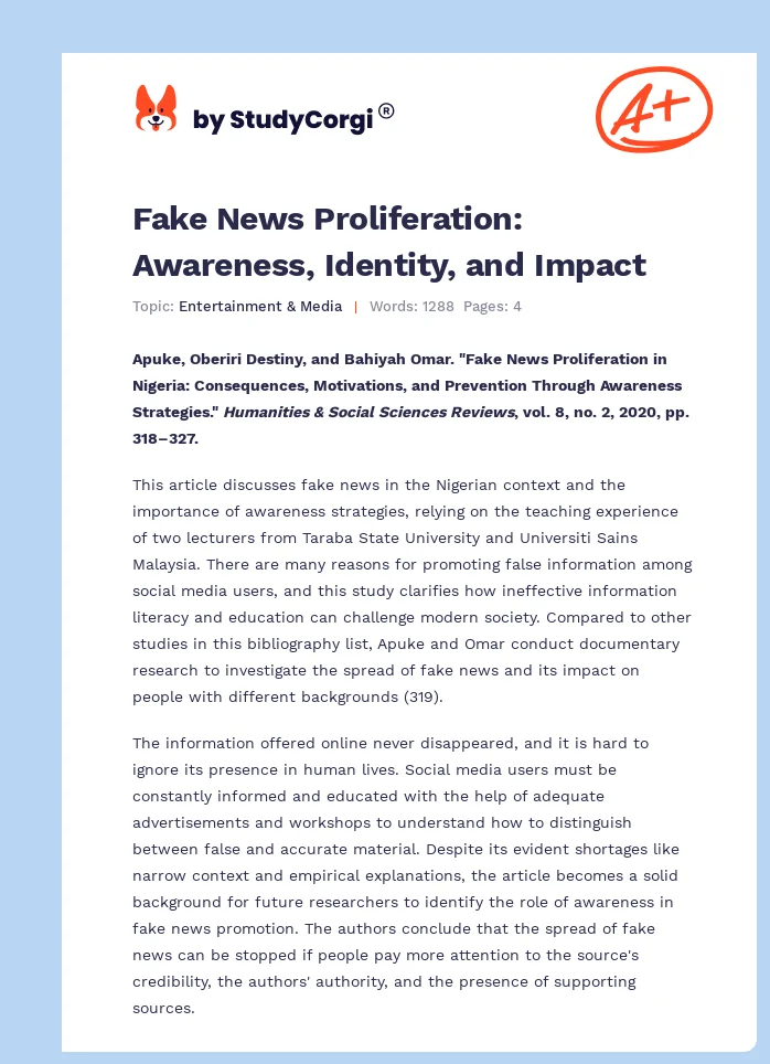 Fake News Proliferation: Awareness, Identity, and Impact. Page 1