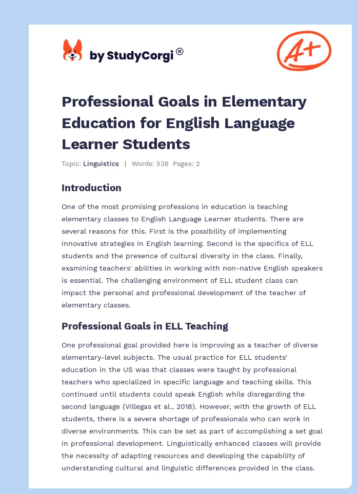 Professional Goals in Elementary Education for English Language Learner Students. Page 1