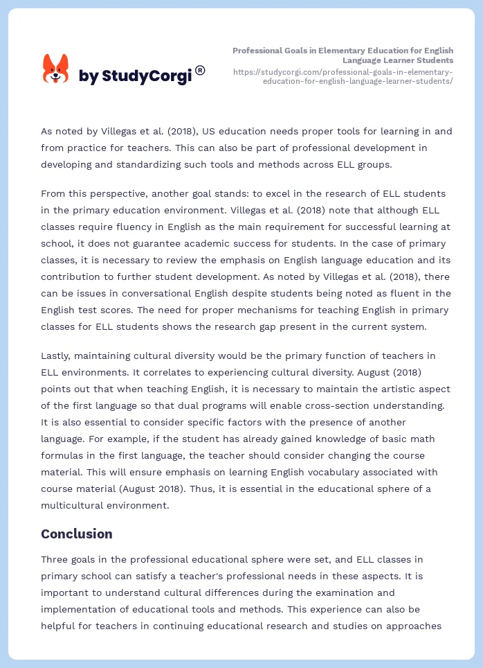 Professional Goals in Elementary Education for English Language Learner Students. Page 2