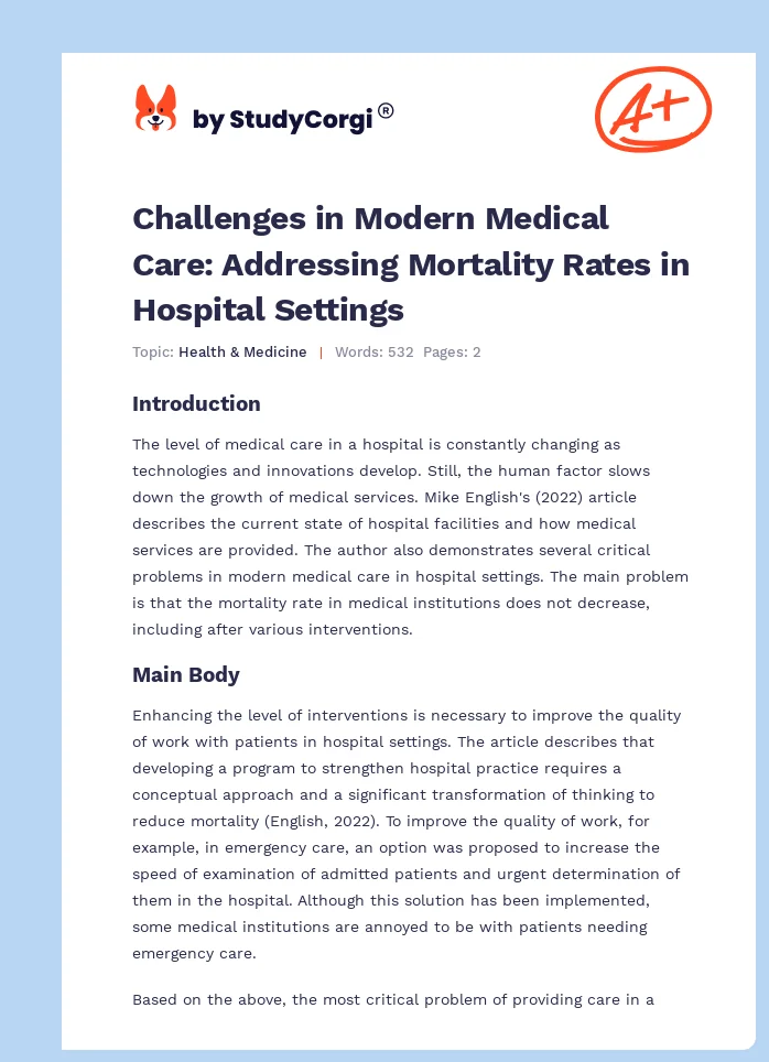 Challenges in Modern Medical Care: Addressing Mortality Rates in Hospital Settings. Page 1