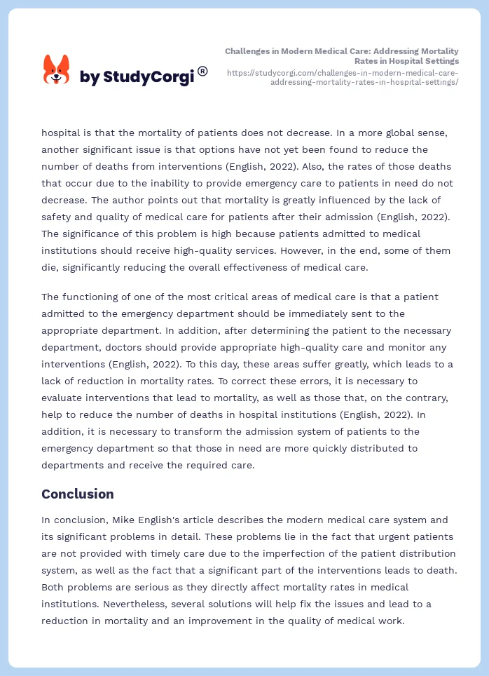 Challenges in Modern Medical Care: Addressing Mortality Rates in Hospital Settings. Page 2