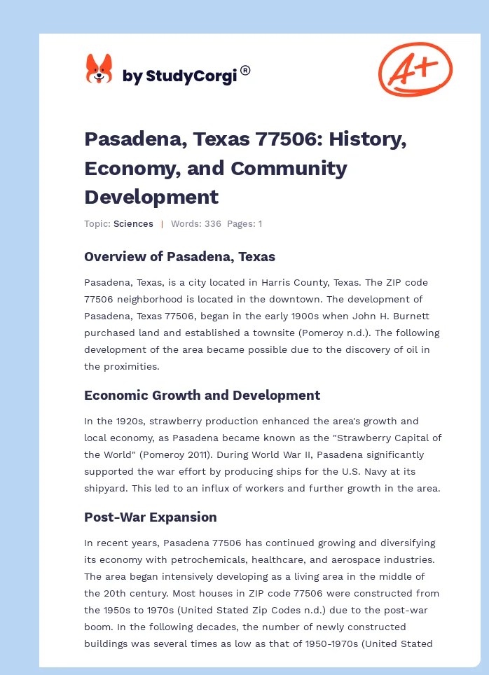 Pasadena, Texas 77506: History, Economy, and Community Development. Page 1