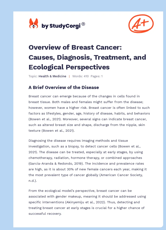 Overview of Breast Cancer: Causes, Diagnosis, Treatment, and Ecological Perspectives. Page 1