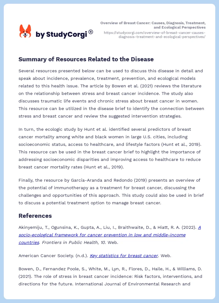 Overview of Breast Cancer: Causes, Diagnosis, Treatment, and Ecological Perspectives. Page 2