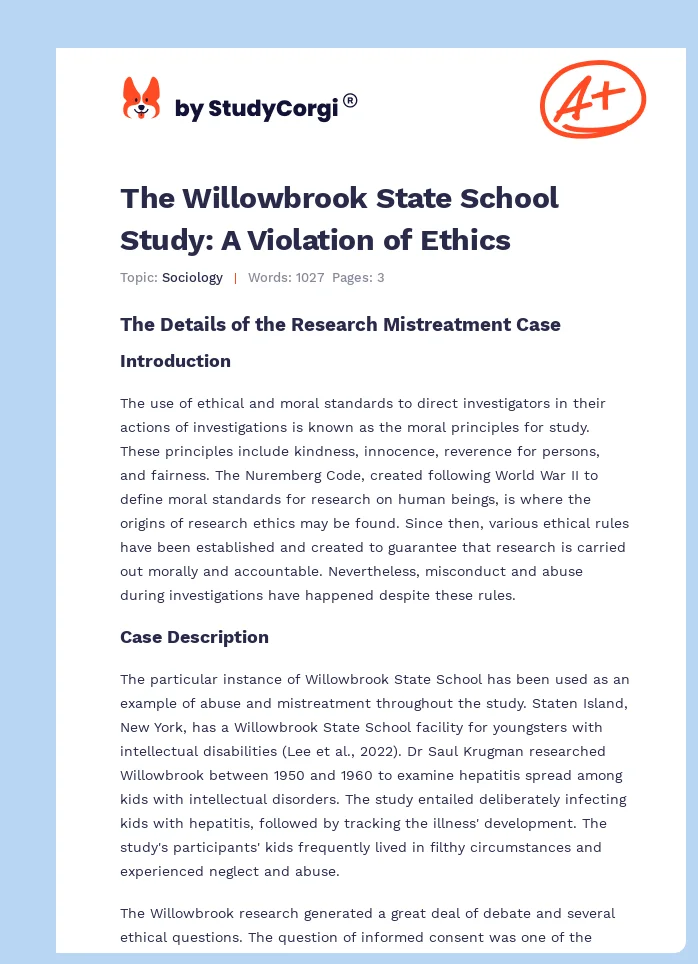 The Willowbrook State School Study: A Violation of Ethics. Page 1