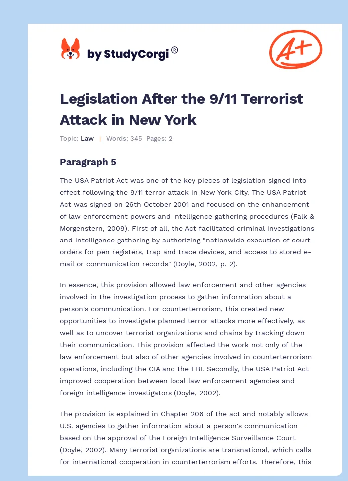 Legislation After the 9/11 Terrorist Attack in New York. Page 1