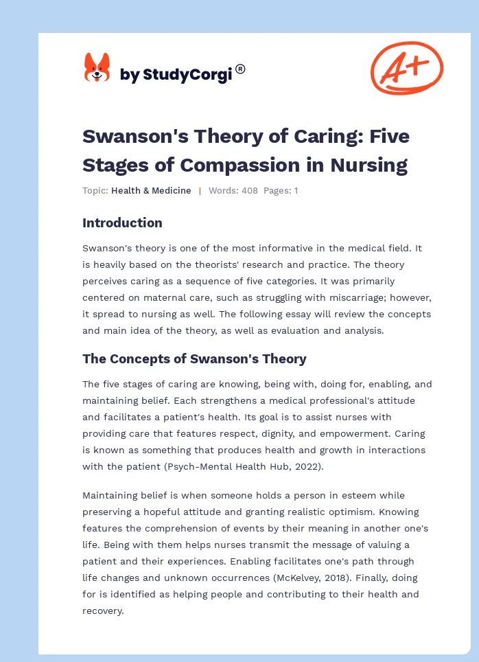 Swanson's Theory of Caring: Five Stages of Compassion in Nursing. Page 1