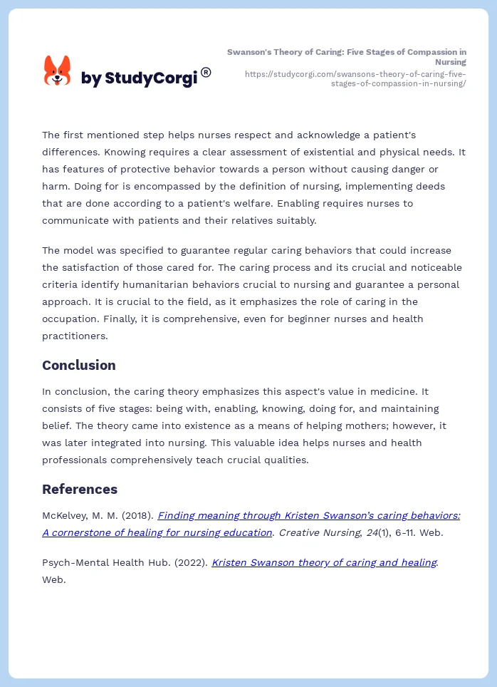 Swanson's Theory of Caring: Five Stages of Compassion in Nursing. Page 2