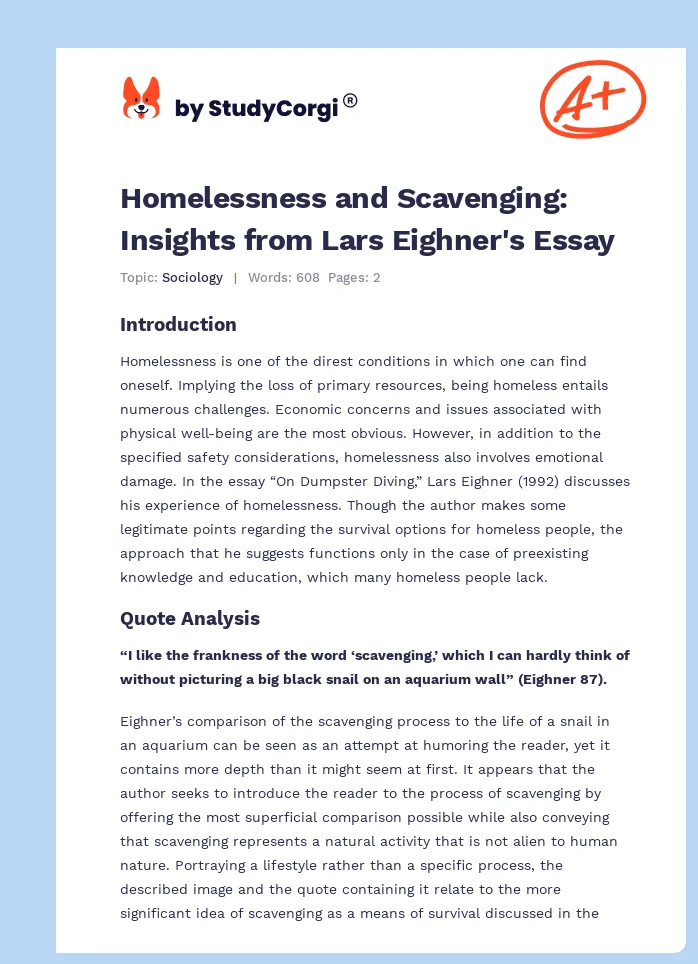 Homelessness and Scavenging: Insights from Lars Eighner's Essay. Page 1