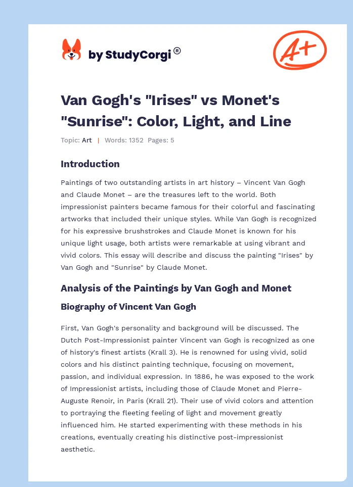 Van Gogh's "Irises" vs Monet's "Sunrise": Color, Light, and Line. Page 1