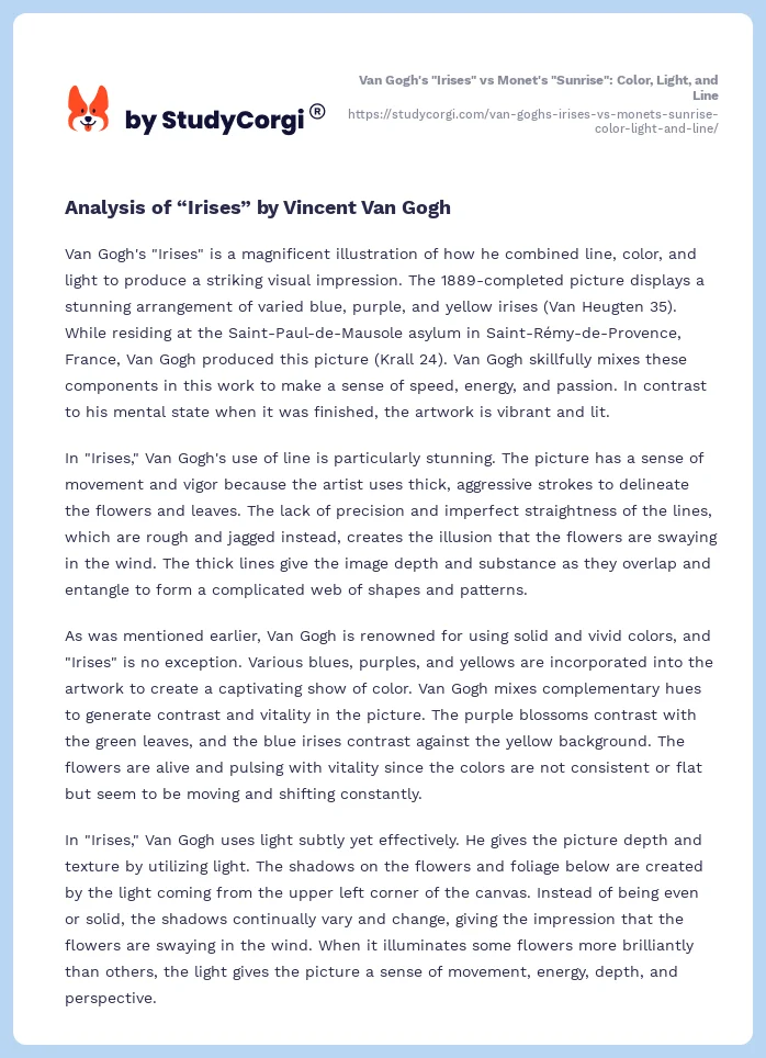 Van Gogh's "Irises" vs Monet's "Sunrise": Color, Light, and Line. Page 2