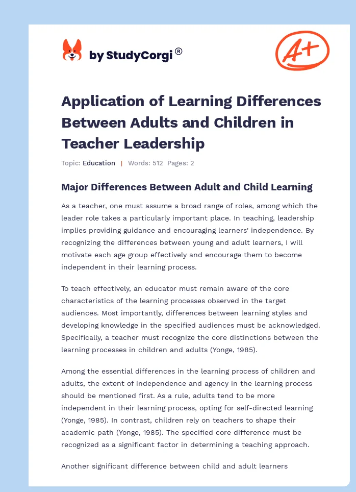 Application of Learning Differences Between Adults and Children in Teacher Leadership. Page 1