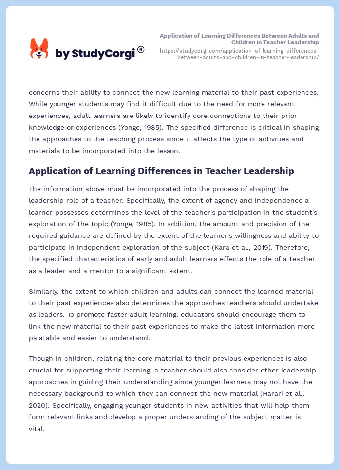 Application of Learning Differences Between Adults and Children in Teacher Leadership. Page 2