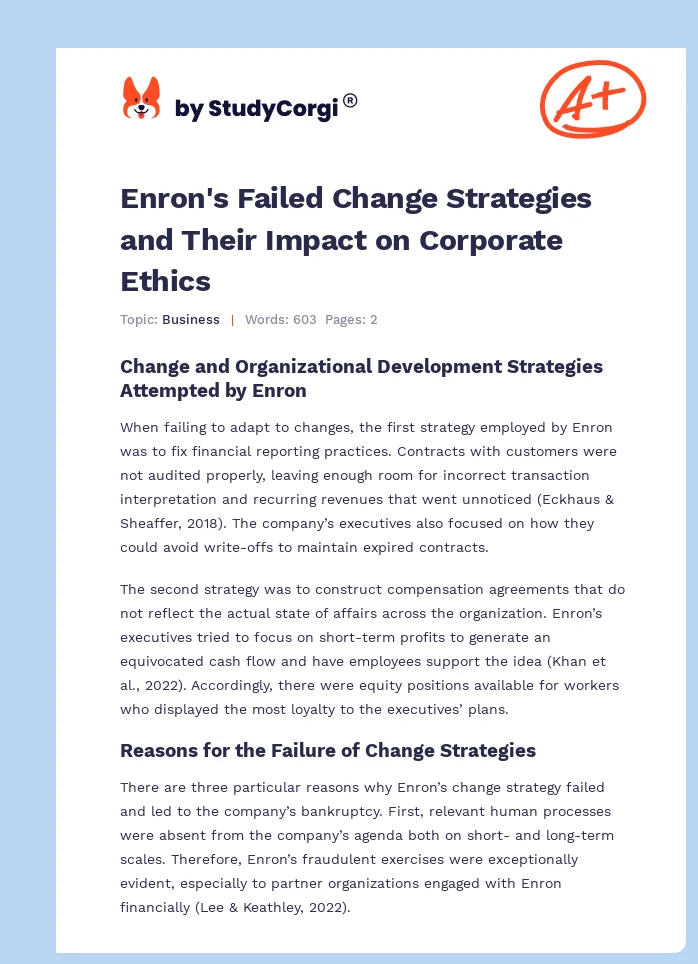 Enron's Failed Change Strategies and Their Impact on Corporate Ethics. Page 1