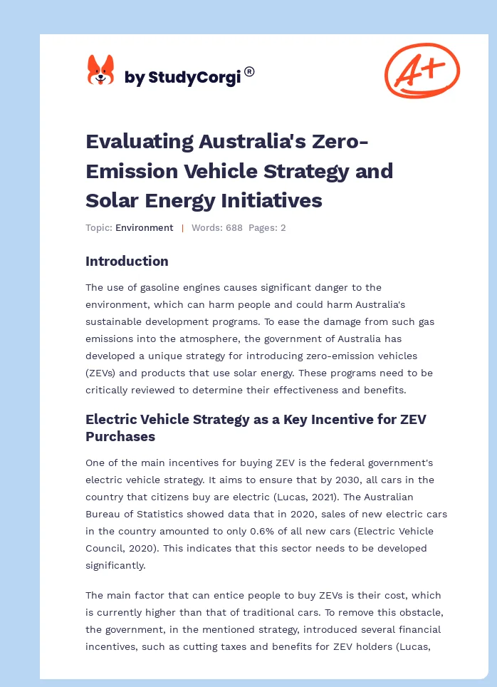 Evaluating Australia's Zero-Emission Vehicle Strategy and Solar Energy Initiatives. Page 1