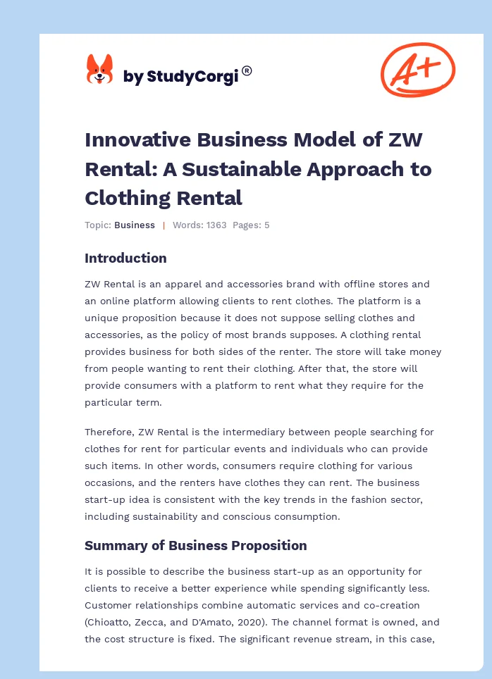 Innovative Business Model of ZW Rental: A Sustainable Approach to Clothing Rental. Page 1