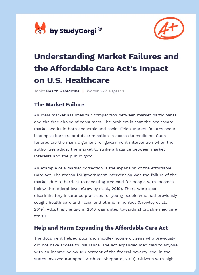 Understanding Market Failures and the Affordable Care Act's Impact on U.S. Healthcare. Page 1