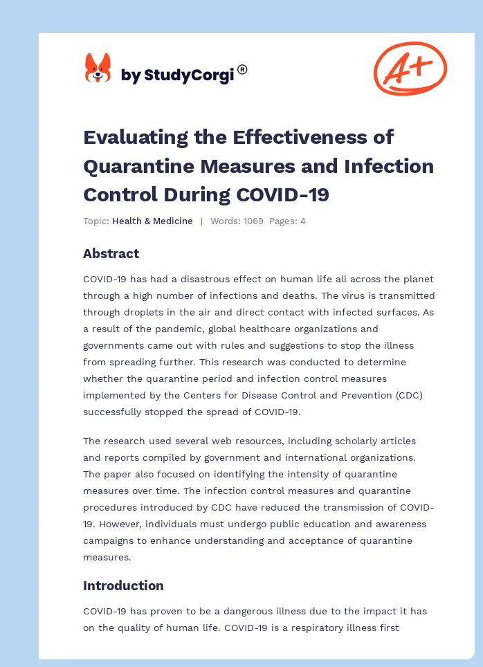 Evaluating the Effectiveness of Quarantine Measures and Infection Control During COVID-19. Page 1