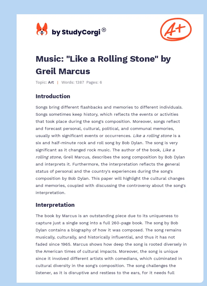 Music: "Like a Rolling Stone" by Greil Marcus. Page 1