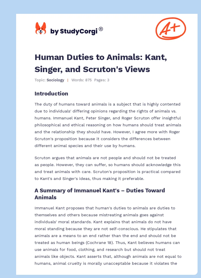 Human Duties to Animals: Kant, Singer, and Scruton's Views. Page 1