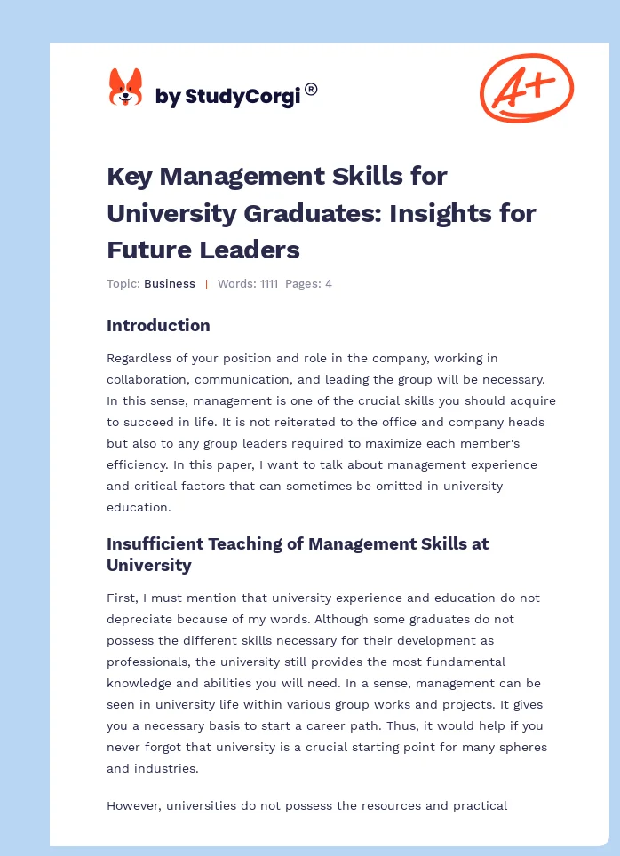 Key Management Skills for University Graduates: Insights for Future Leaders. Page 1