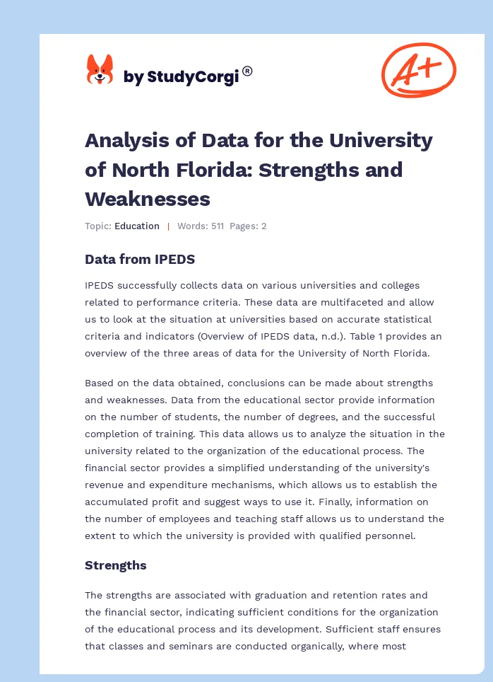 Analysis of Data for the University of North Florida: Strengths and Weaknesses. Page 1