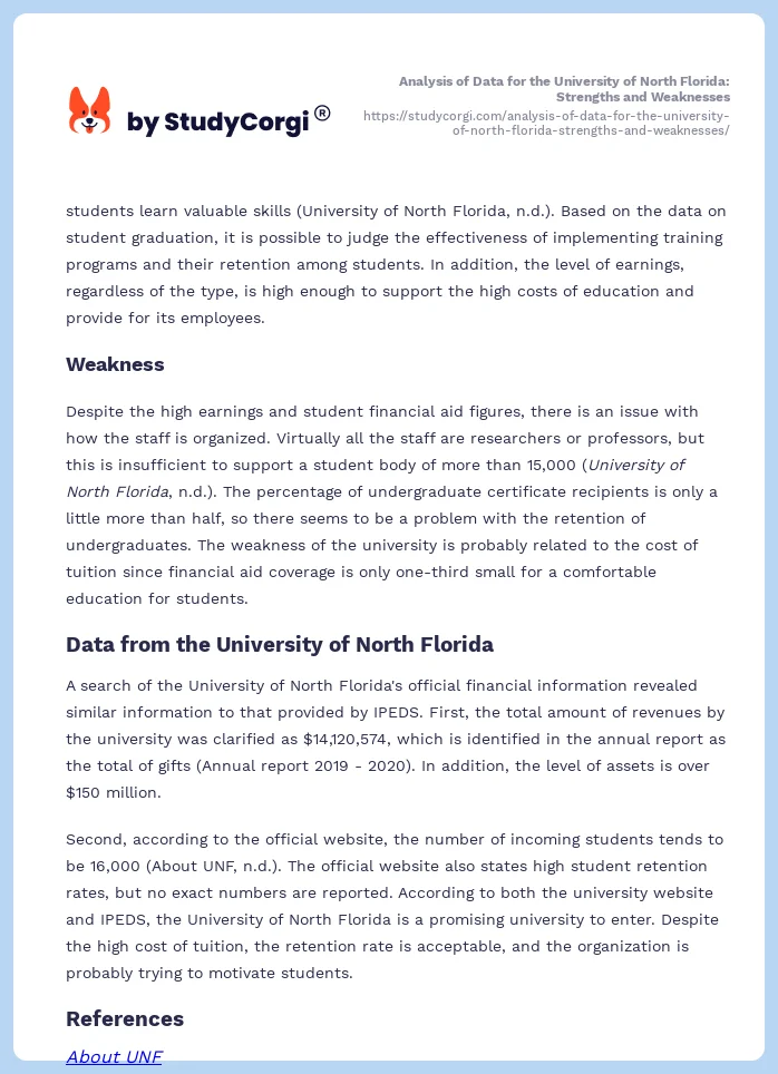 Analysis of Data for the University of North Florida: Strengths and Weaknesses. Page 2