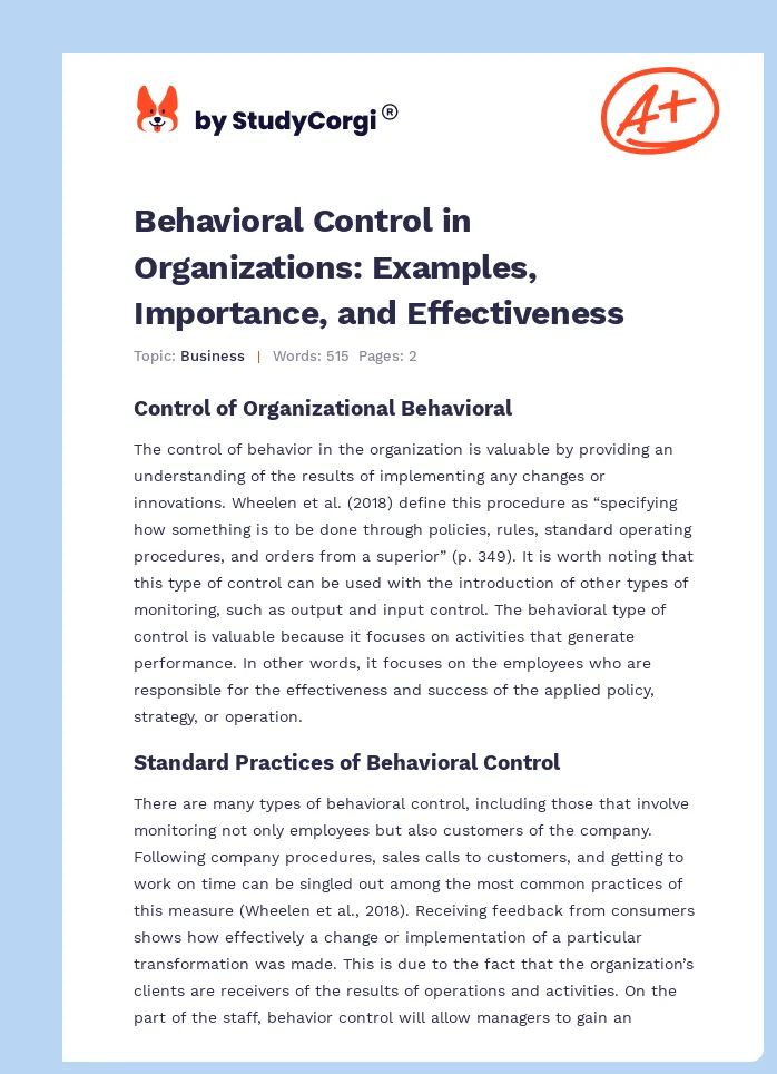 Behavioral Control in Organizations: Examples, Importance, and Effectiveness. Page 1