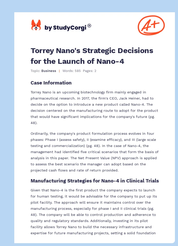 Torrey Nano's Strategic Decisions for the Launch of Nano-4. Page 1