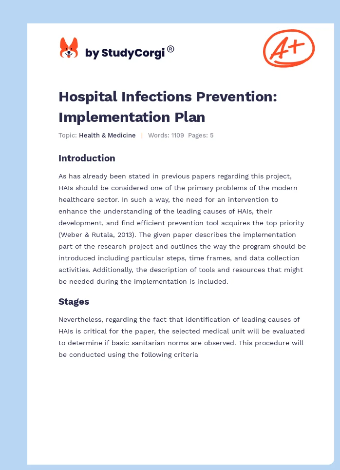 Hospital Infections Prevention: Implementation Plan. Page 1