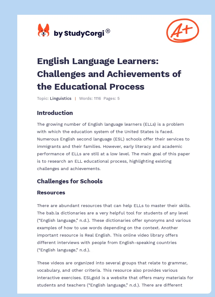 English Language Learners: Challenges and Achievements of the Educational Process. Page 1