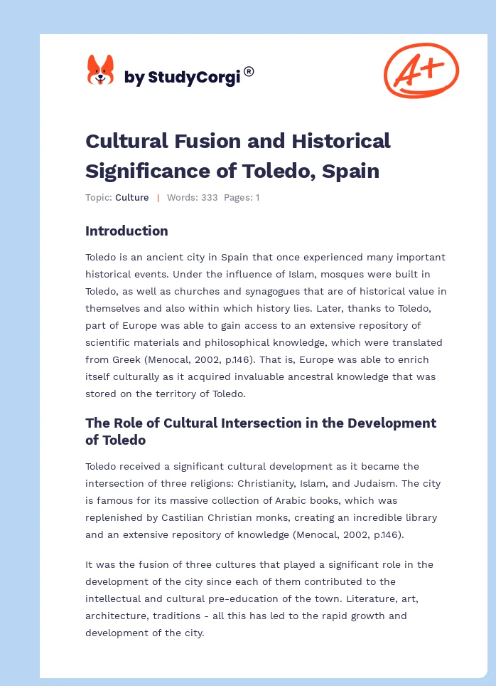 Cultural Fusion and Historical Significance of Toledo, Spain. Page 1