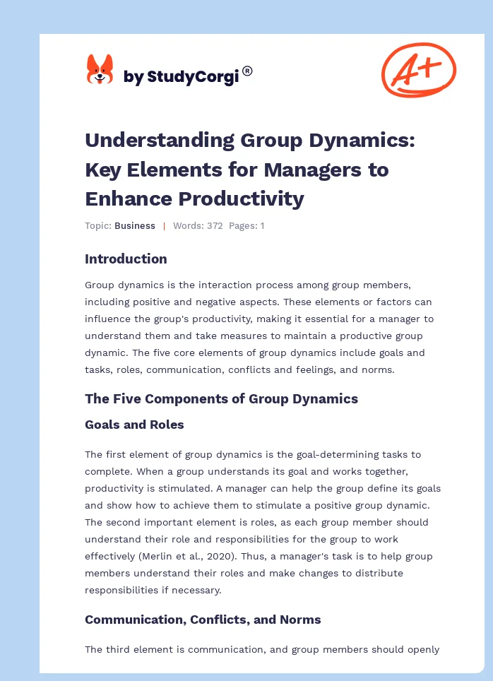 Understanding Group Dynamics: Key Elements for Managers to Enhance Productivity. Page 1