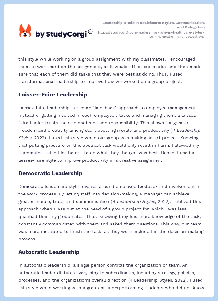 Leadership's Role in Healthcare: Styles, Communication, and Delegation. Page 2